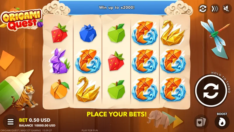 Origami Quest – ekran gry z panelem zakładów i przyciskiem Boost